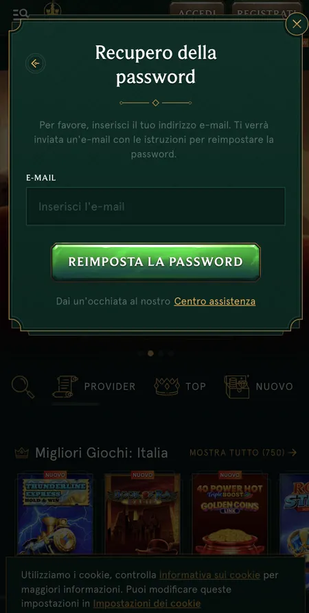 Schermata recupero password Casinia con campo email
