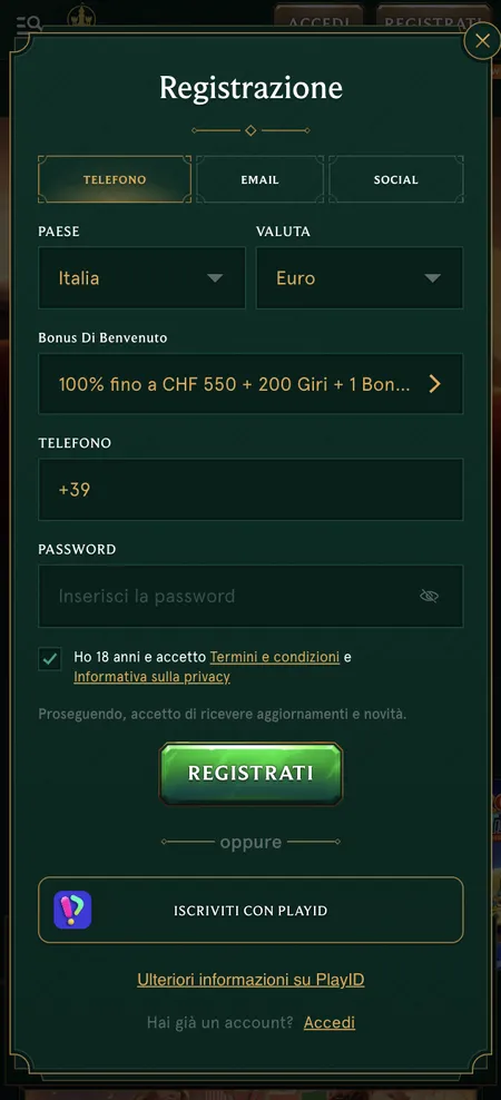 Modulo di registrazione Casinia con campo telefono e selezione bonus